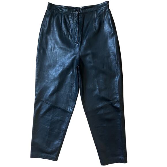 Vintage 90s Lord & Taylor Lamb Nappa Leather Black Tapered Leg Pants - Picture 1 of 5